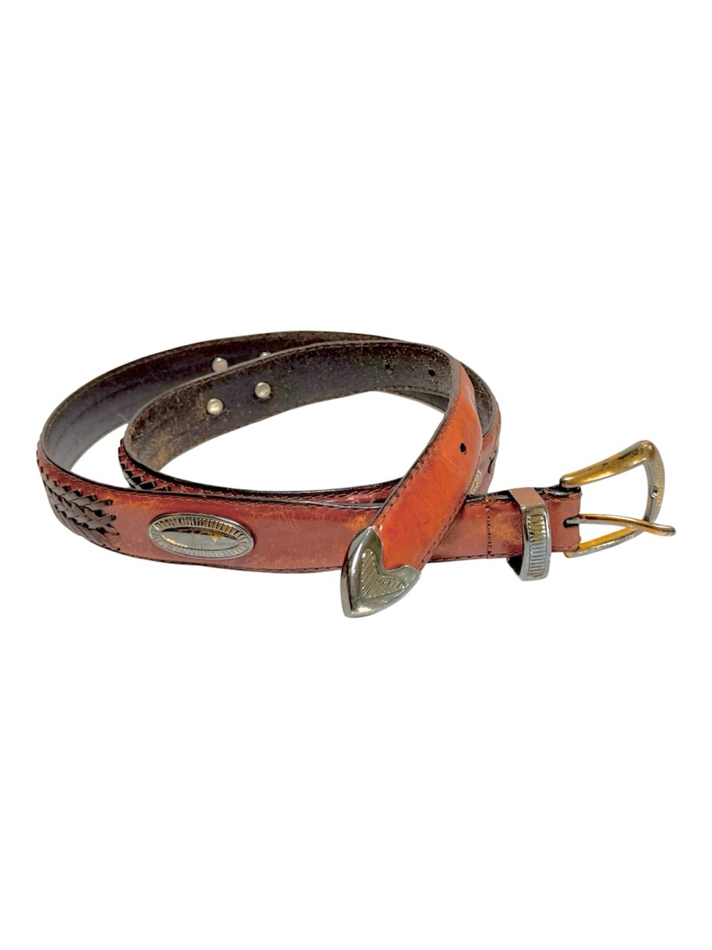 Vintage Fossil Genuine Leather Western Concho Belt Braided Boho 36 inches